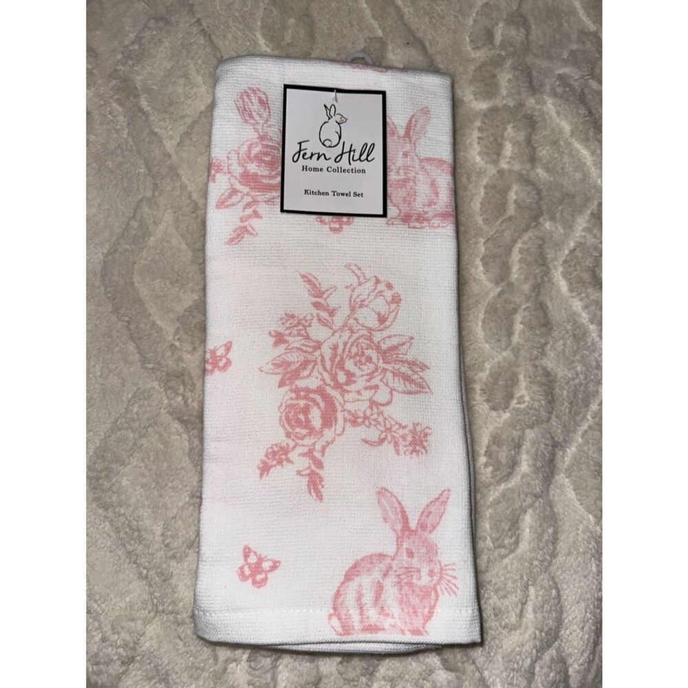 FH Easter Bunny Floral Toile White Pink Cotton Lyocell Blend Tea Kitchen Towels